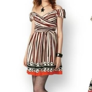 Anna Sui Striped Off-Shoulder Puff Sleeve Mini Dress 100% Silk Size 5
